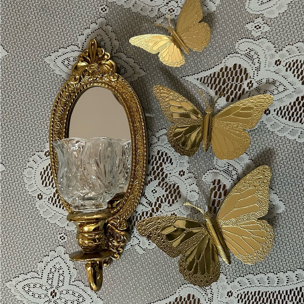 SOLD Home interiors Elegant Gold Wall Sconce with Mirror and Butterflies